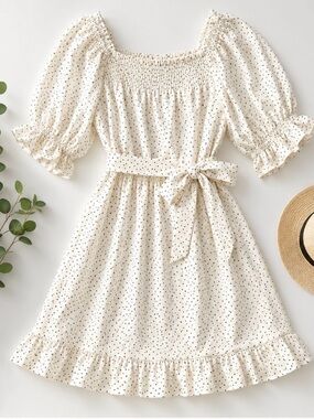 Eloquii Cottagecore Puff Sleeve Smocked Mini Dress Polka Dot Plus 18/20 Linen